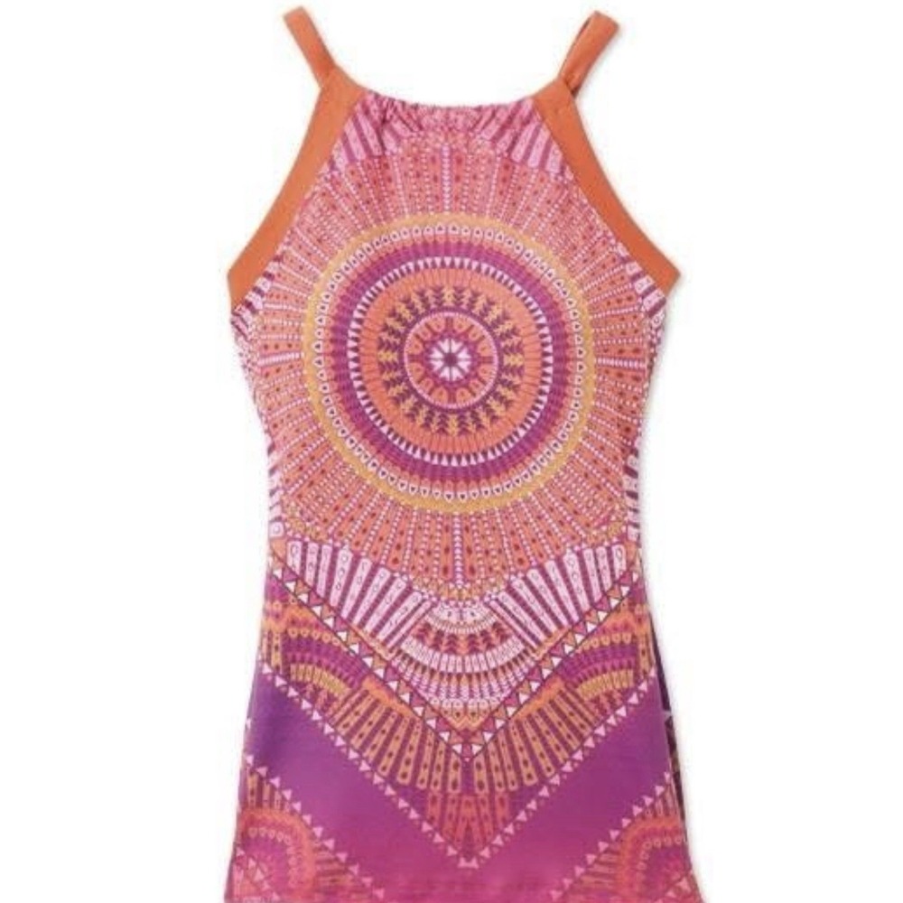 Prana Vienna Printed Tank Yoga Sz Large Built In Bra Halter Orange NEW